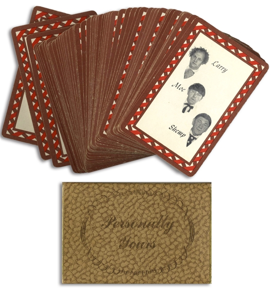 Three Stooges Deck of Playing Cards Featuring Larry, Moe and Shemp, Circa 1950s -- Complete Set of 52 Cards Plus 2 Jokers in Box Measuring 3.75'' x 2.5'' -- Cards Are Very Good to Near Fine Condition
